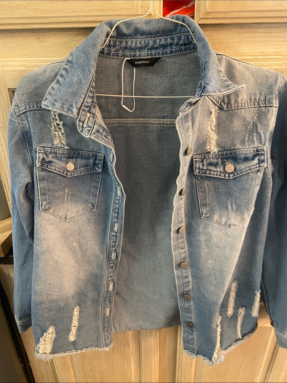 Light Blue Distressed Denim Jacket by DONOTOO